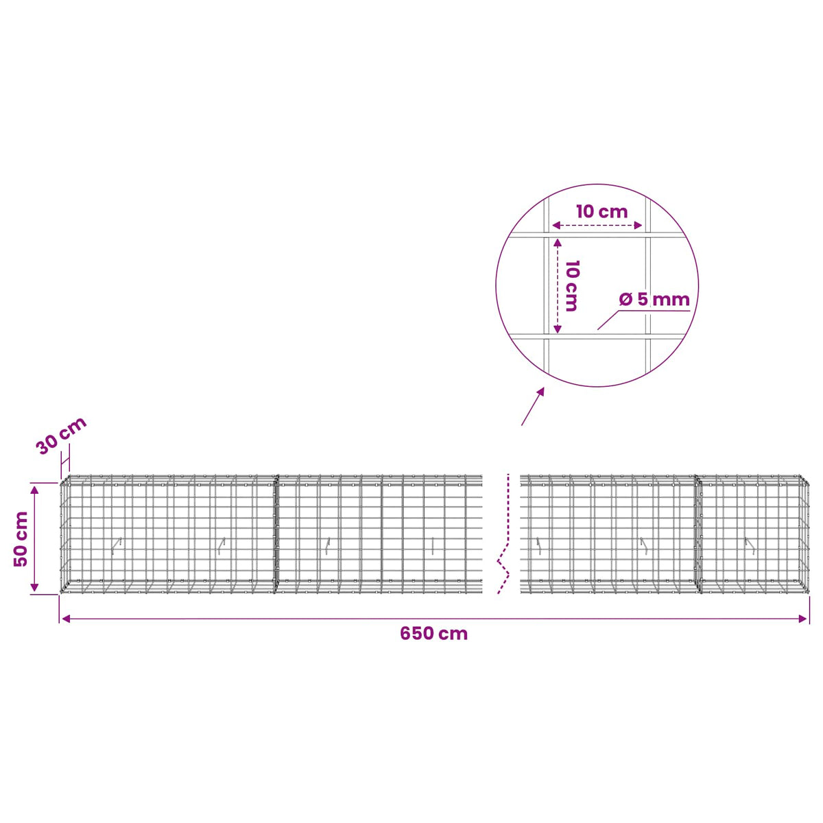 Gabion s žicom debljine 5 mm i mrežom 10x10 cm 650x30x50 cm