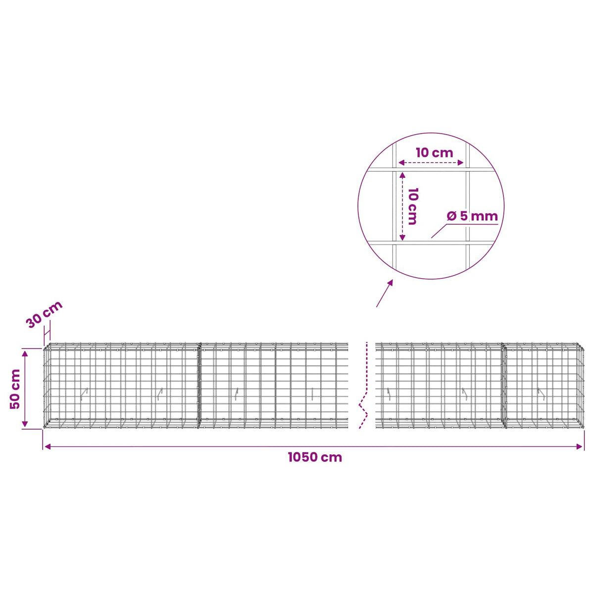 Gabion s žicom debljine 5 mm i mrežom 10x10 cm 1050x30x50 cm
