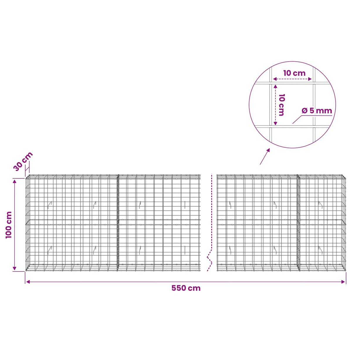 Gabion s žicom debljine 5 mm i mrežom 10x10 cm 550x30x100 cm