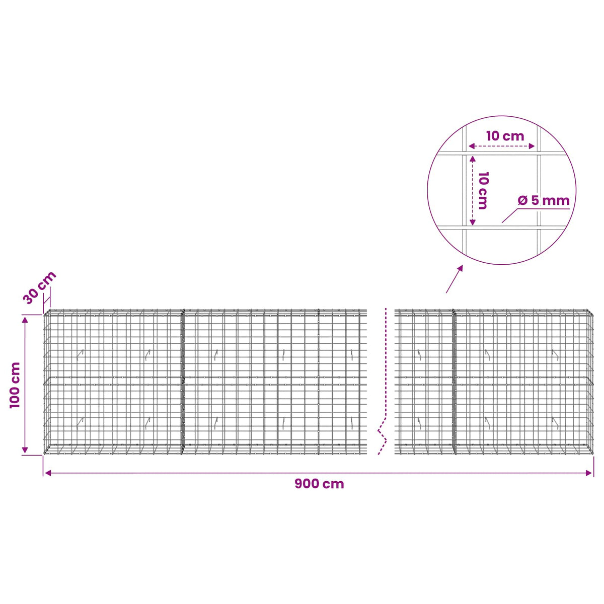 Gabion s žicom debljine 5 mm i mrežom 10x10 cm 900x30x100 cm