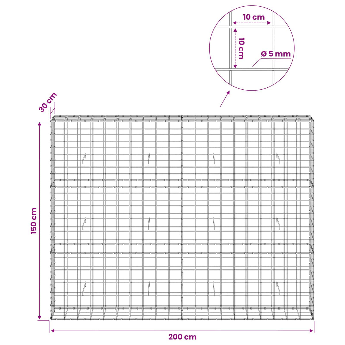 Gabion s žicom debljine 5 mm i mrežom 10x10 cm 200x30x150 cm