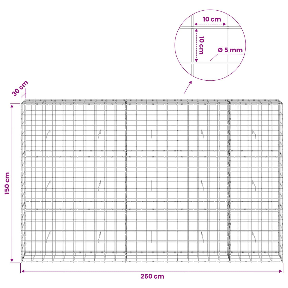 Gabion s žicom debljine 5 mm i mrežom 10x10 cm 250x30x150 cm