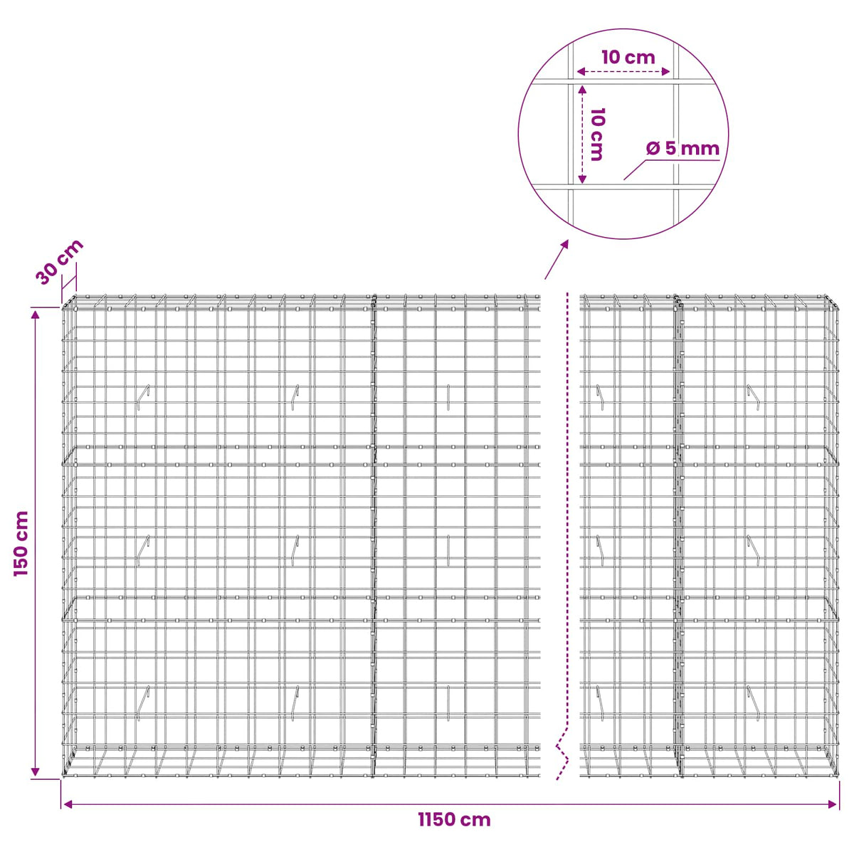 Gabion s žicom debljine 5 mm i mrežom 10x10 cm 1150x30x150 cm