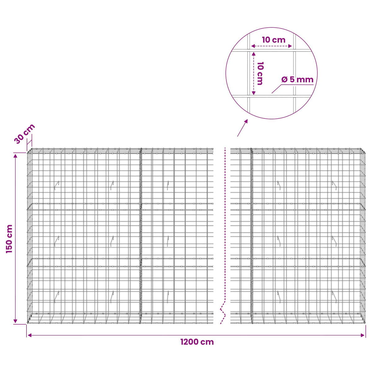 Gabion s žicom debljine 5 mm i mrežom 10x10 cm 1200x30x150 cm
