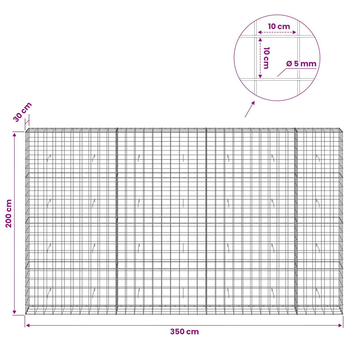 Gabion s žicom debljine 5 mm i mrežom 10x10 cm 350x30x200 cm