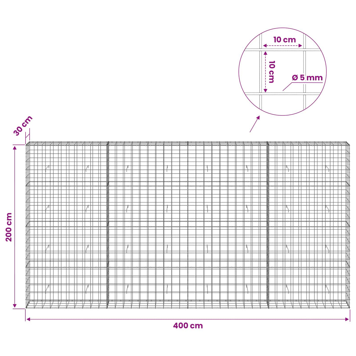 Gabion s žicom debljine 5 mm i mrežom 10x10 cm 400x30x200 cm