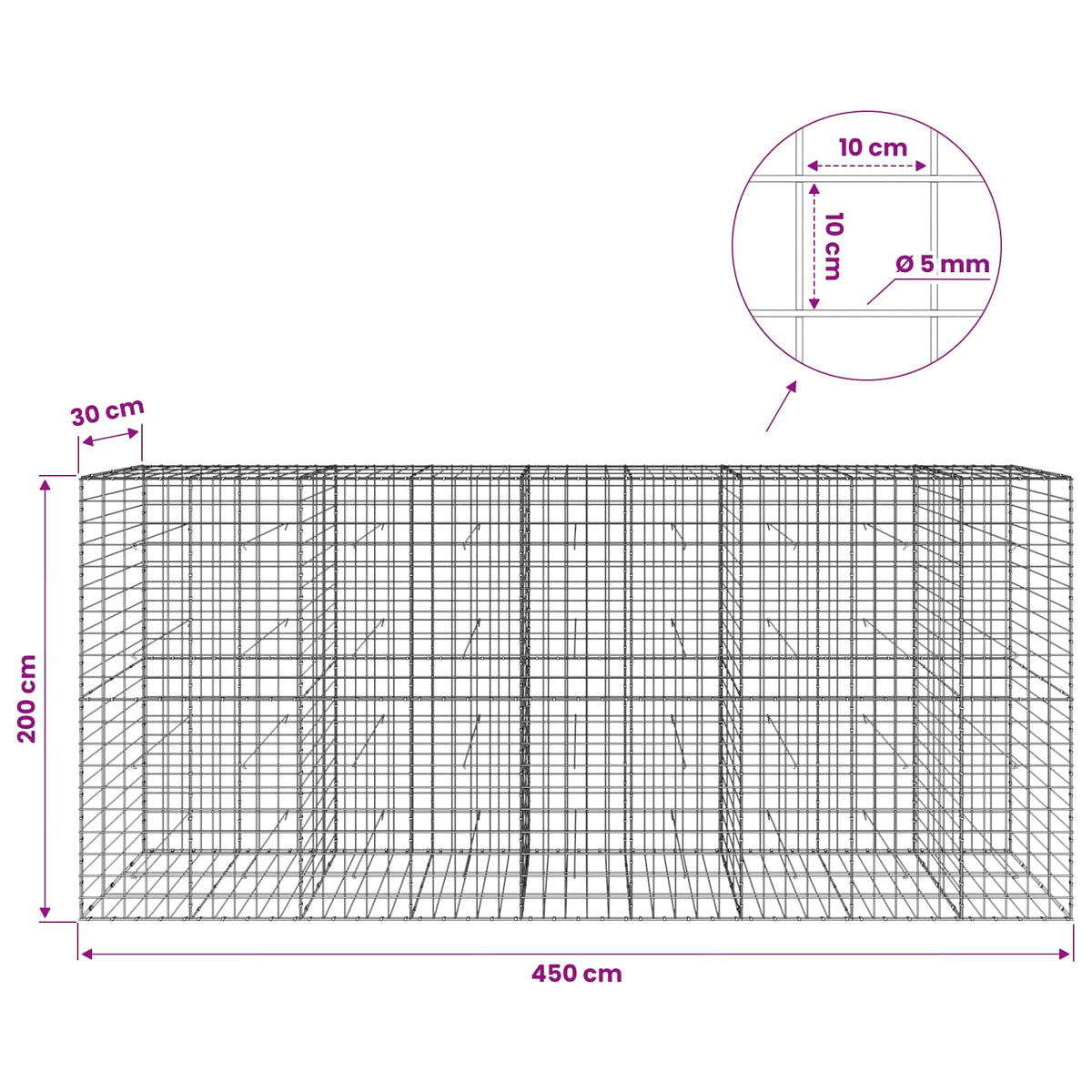 Gabion s žicom debljine 5 mm i mrežom 10x10 cm 450x30x200 cm