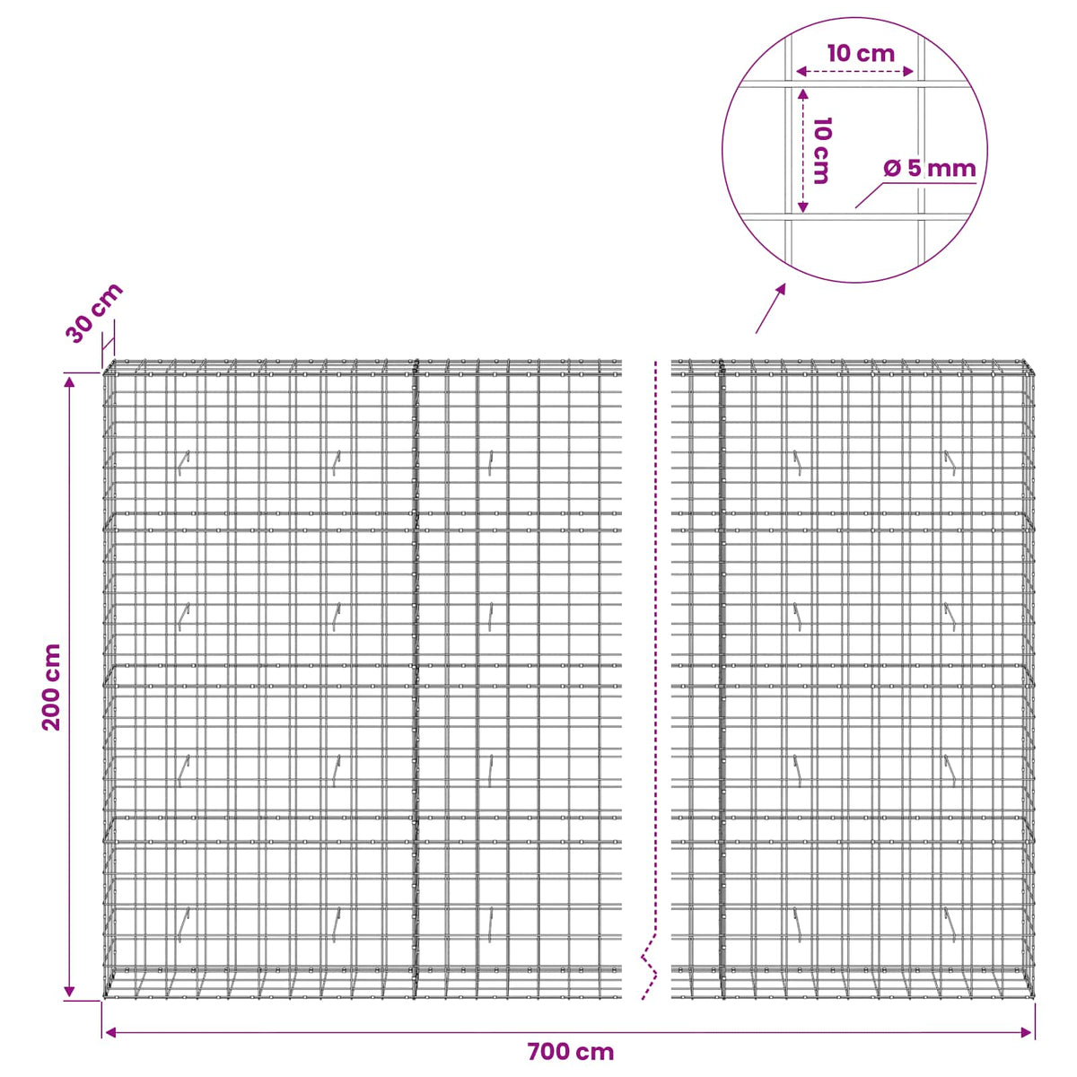 Gabion s žicom debljine 5 mm i mrežom 10x10 cm 700x30x200 cm