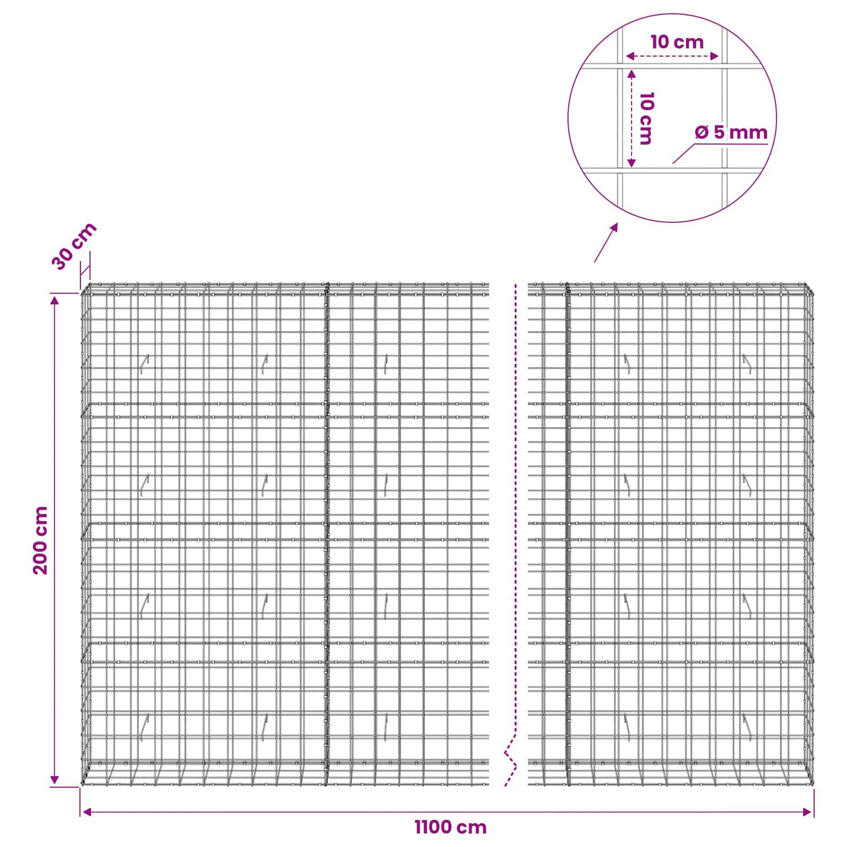 Gabion s žicom debljine 5 mm i mrežom 10x10 cm 1100x30x200 cm