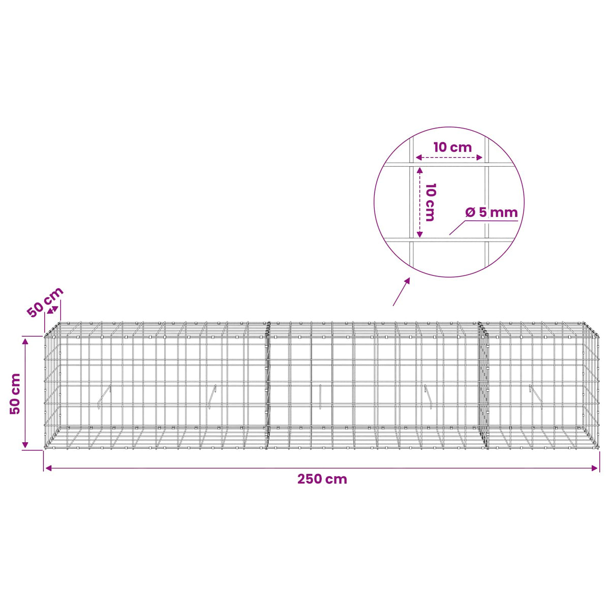 Gabion s žicom debljine 5 mm i mrežom 10x10 cm 250x50x50 cm