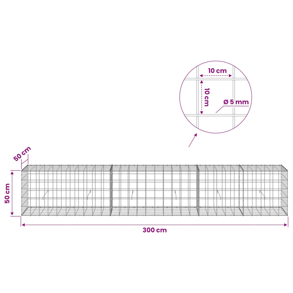 Gabion s žicom debljine 5 mm i mrežom 10x10 cm 300x50x50 cm