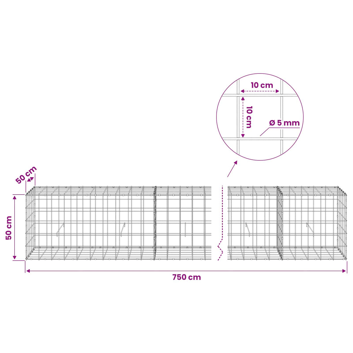 Gabion s žicom debljine 5 mm i mrežom 10x10 cm 750x50x50 cm