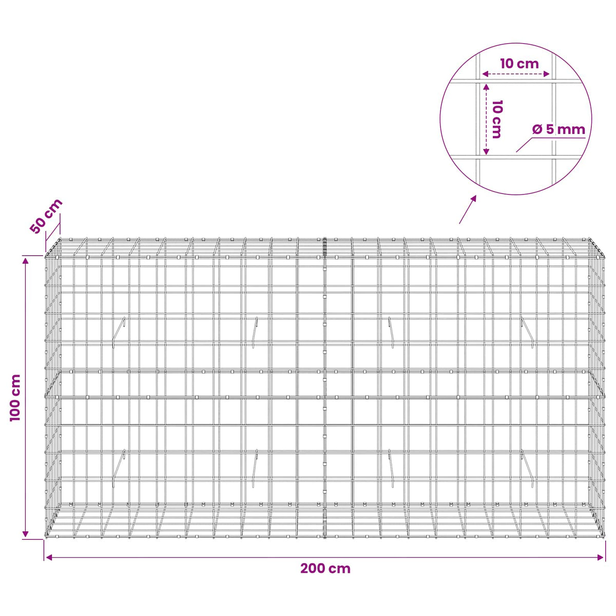 Gabion s žicom debljine 5 mm i mrežom 10x10 cm 200x50x100 cm
