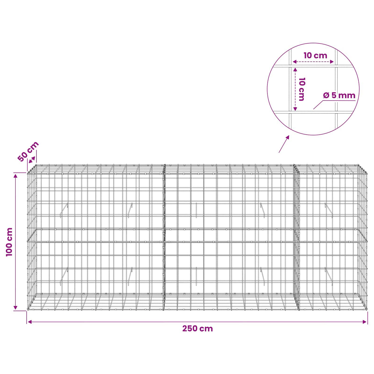 Gabion s žicom debljine 5 mm i mrežom 10x10 cm 250x50x100 cm