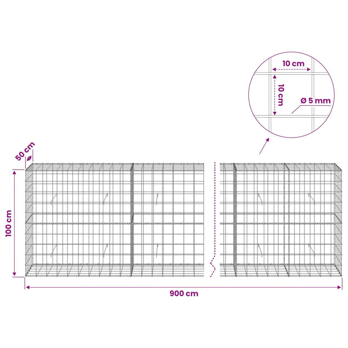 Gabion s žicom debljine 5 mm i mrežom 10x10 cm 900x50x100 cm