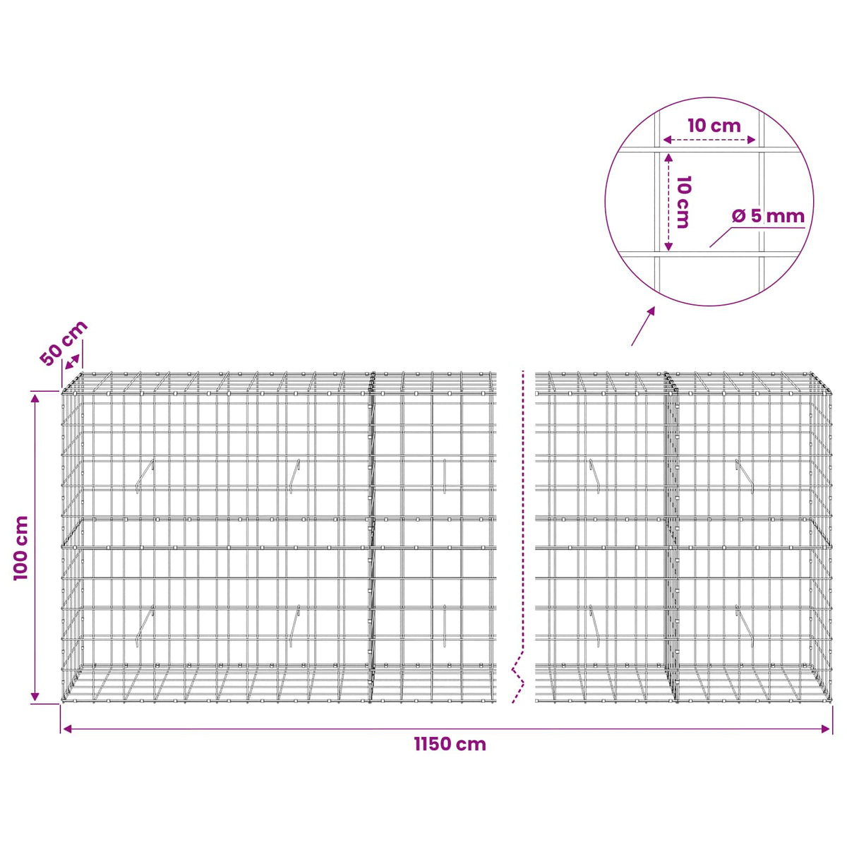 Gabion s žicom debljine 5 mm i mrežom 10x10 cm 1150x50x100 cm