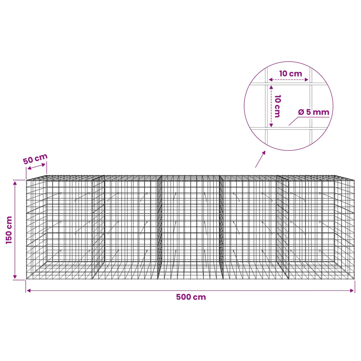 Gabion s žicom debljine 5 mm i mrežom 10x10 cm 500x50x150 cm
