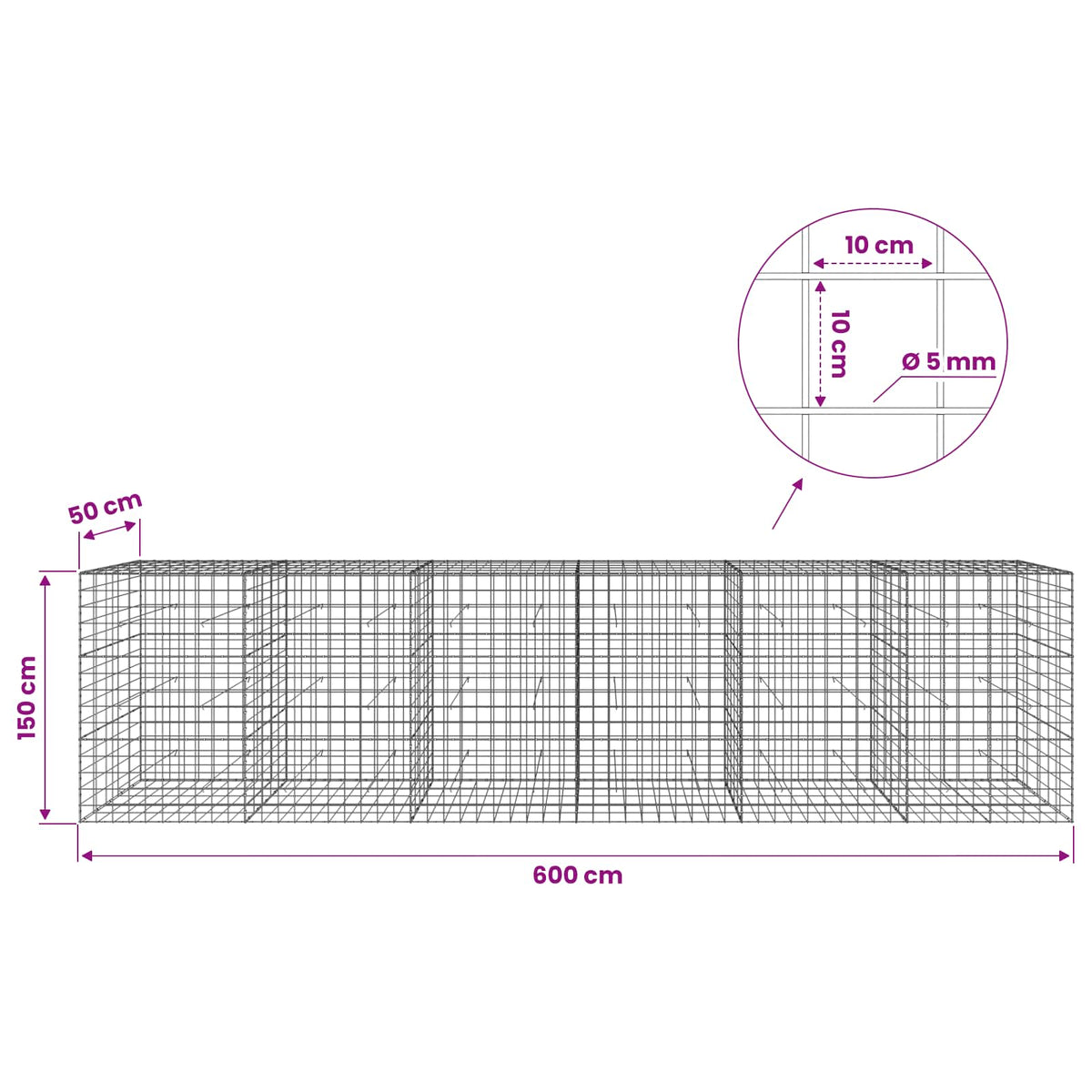 Gabion s žicom debljine 5 mm i mrežom 10x10 cm 600x50x150 cm