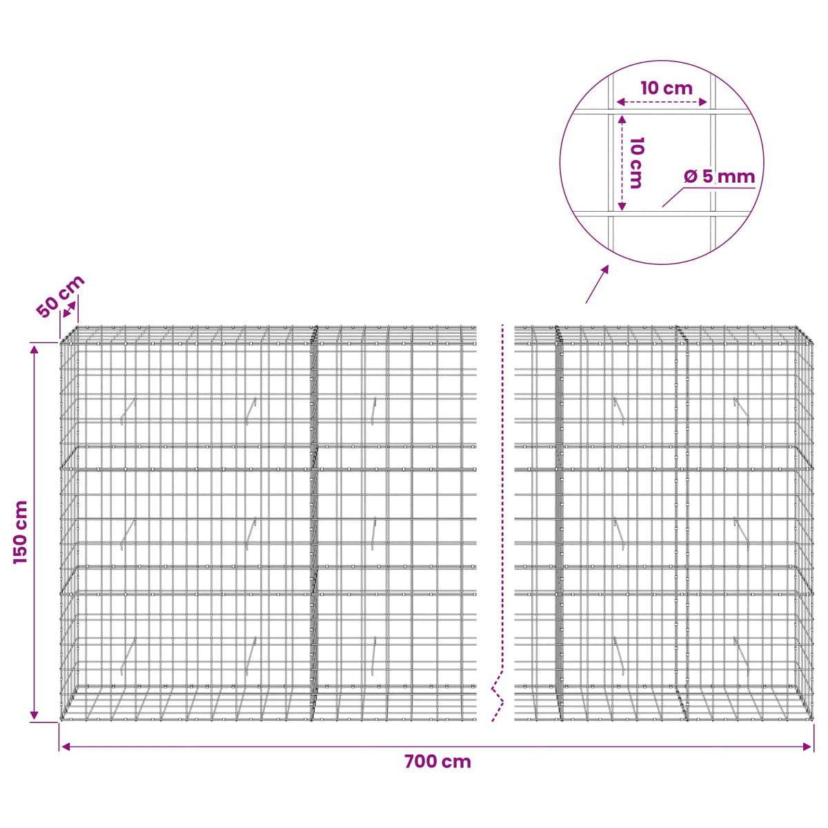 Gabion s žicom debljine 5 mm i mrežom 10x10 cm 700x50x150 cm