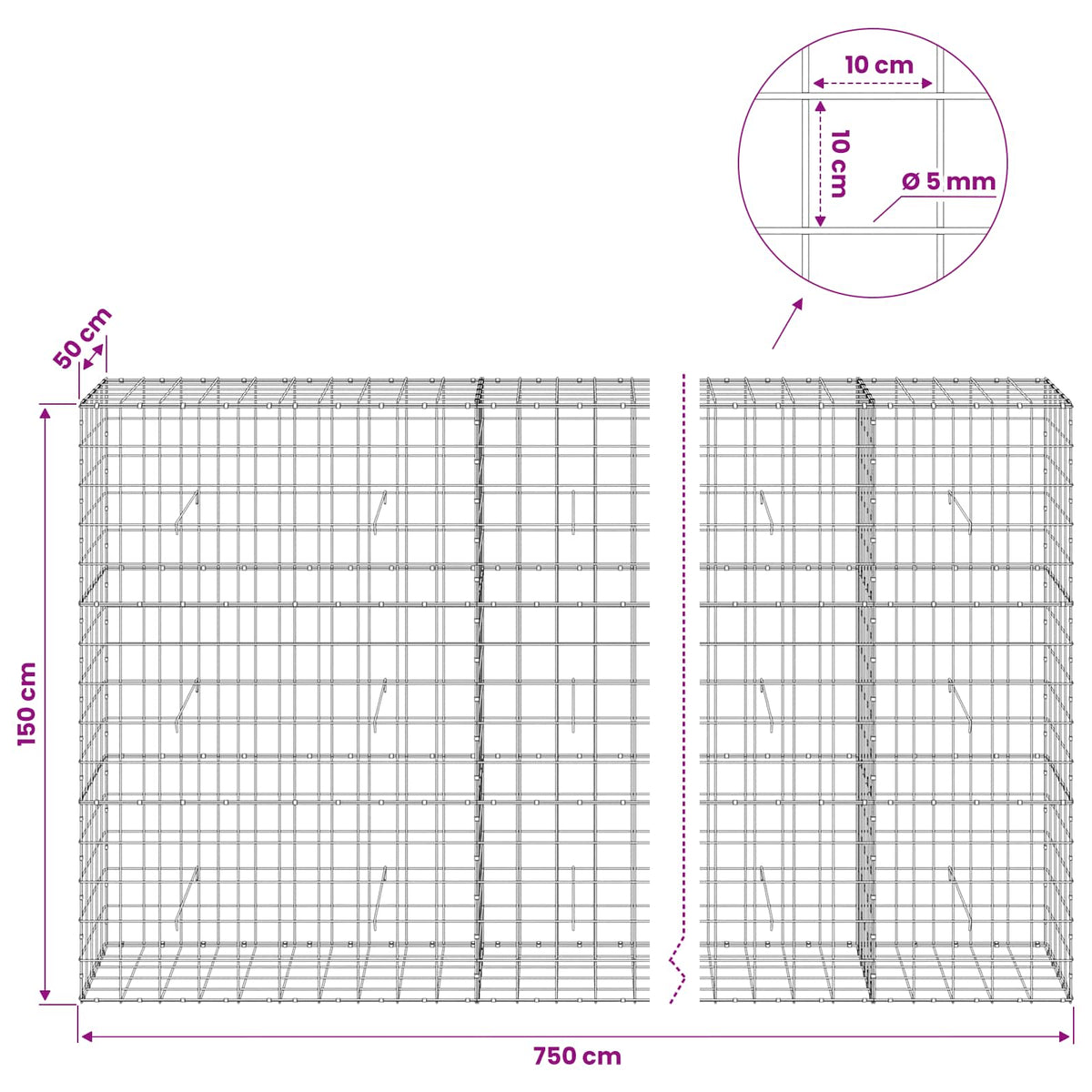 Gabion s žicom debljine 5 mm i mrežom 10x10 cm 750x50x150 cm