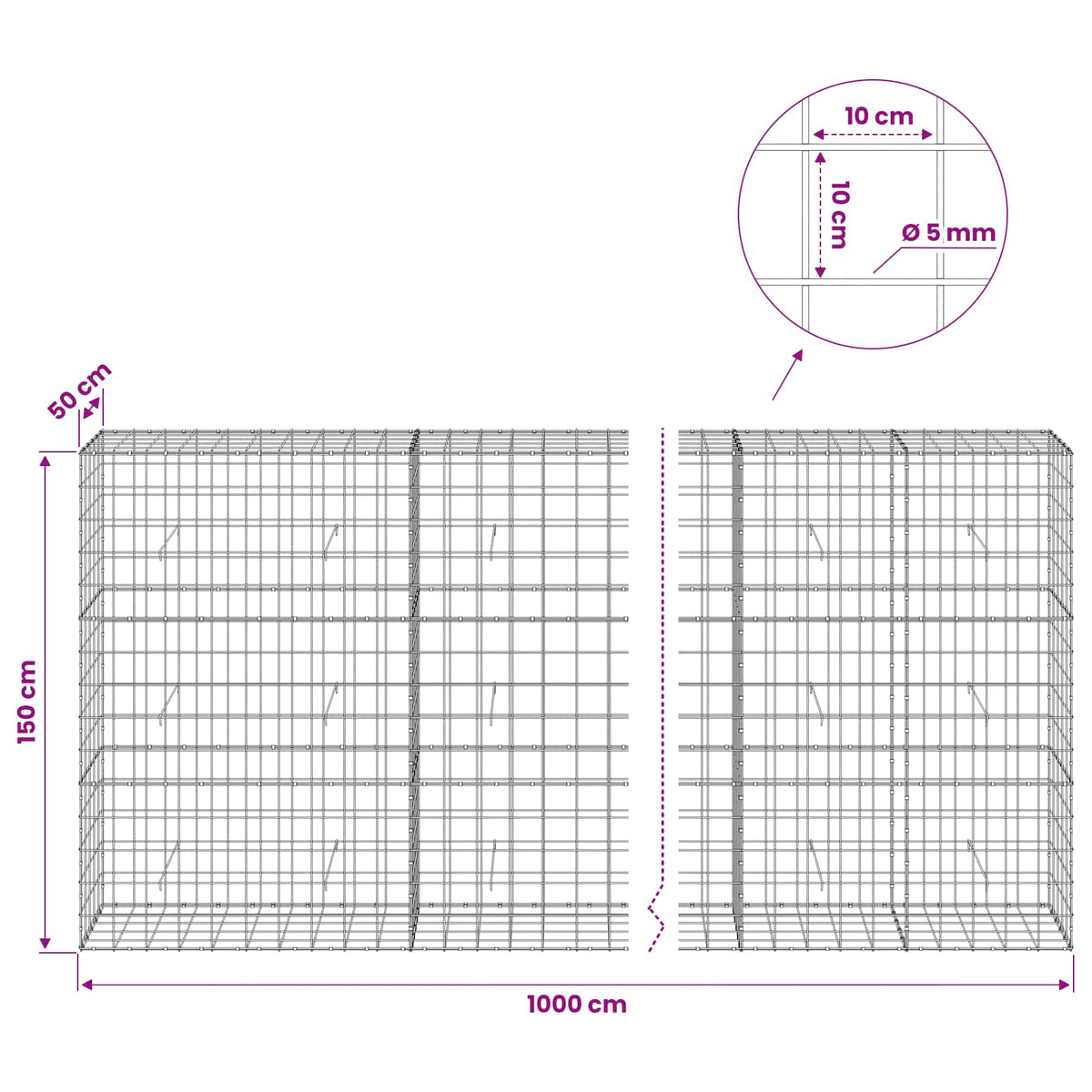 Gabion s žicom debljine 5 mm i mrežom 10x10 cm 1000x50x150 cm