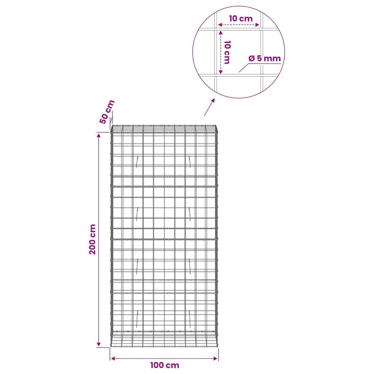 Gabion s žicom debljine 5 mm i mrežom 10x10 cm 100x50x200 cm