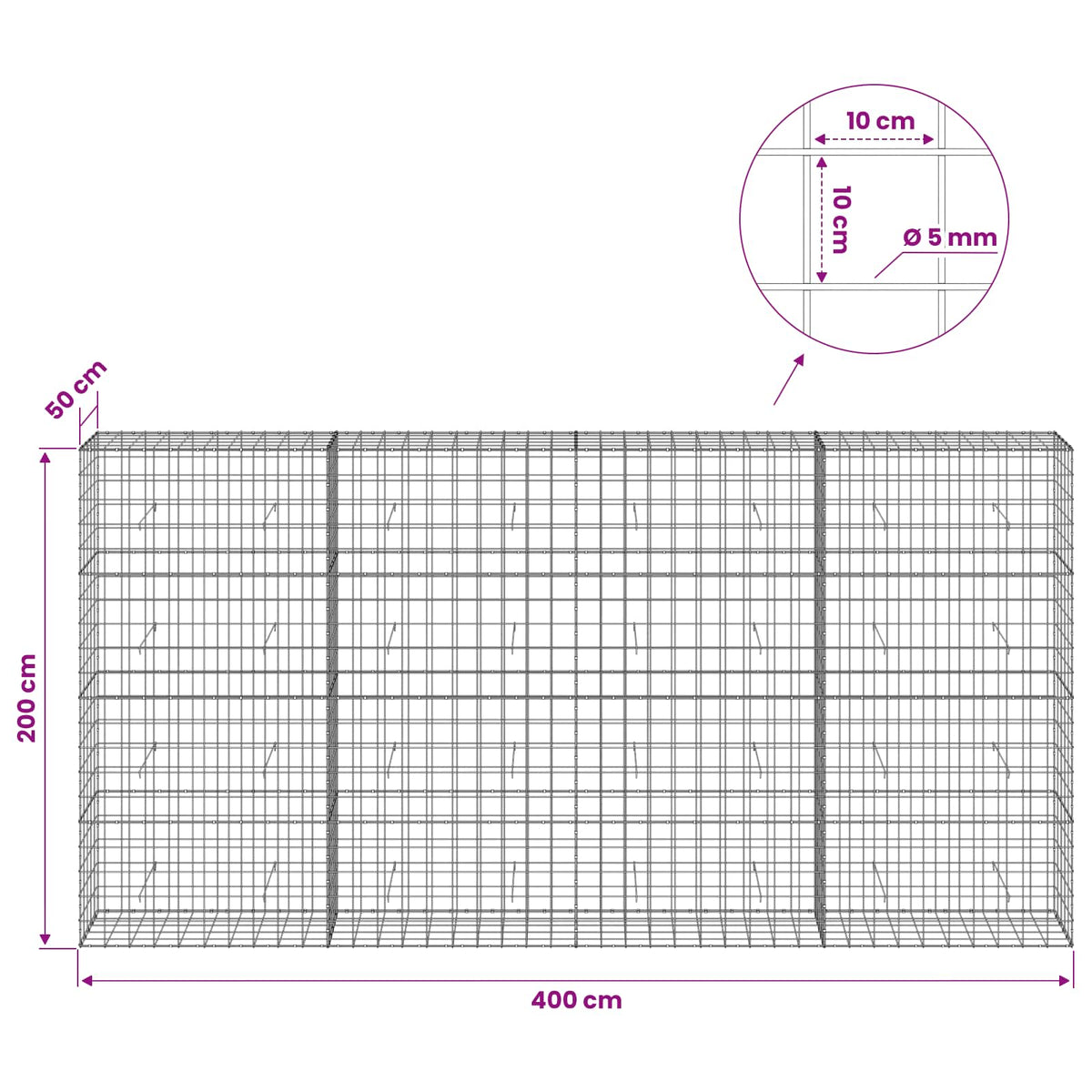 Gabion s žicom debljine 5 mm i mrežom 10x10 cm 400x50x200 cm