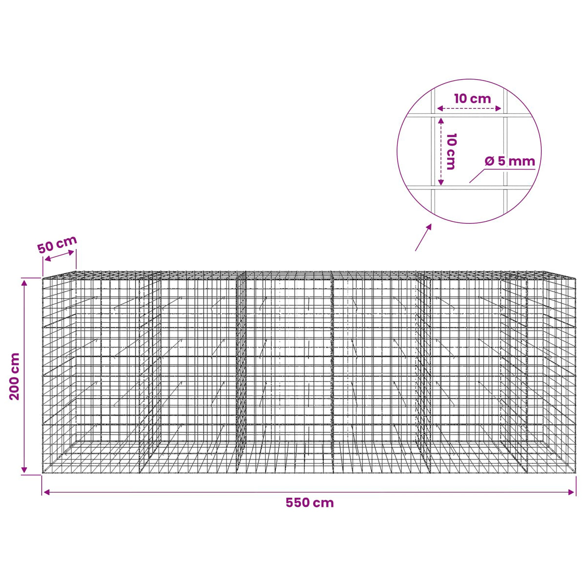 Gabion s žicom debljine 5 mm i mrežom 10x10 cm 550x50x200 cm