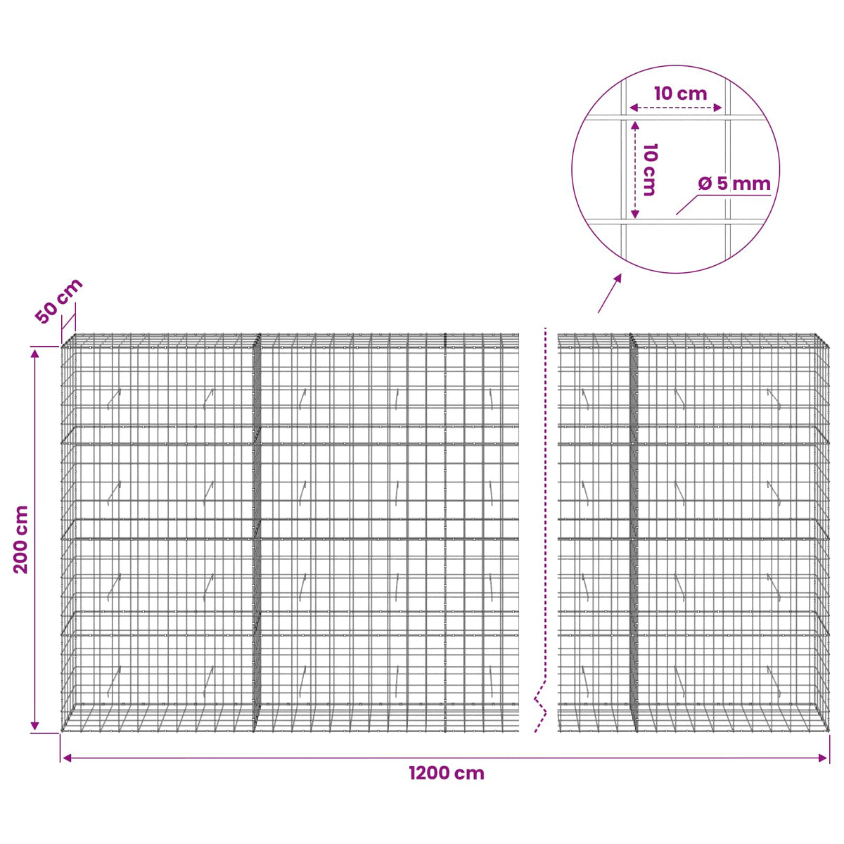 Gabion s žicom debljine 5 mm i mrežom 10x10 cm 1200x50x200 cm