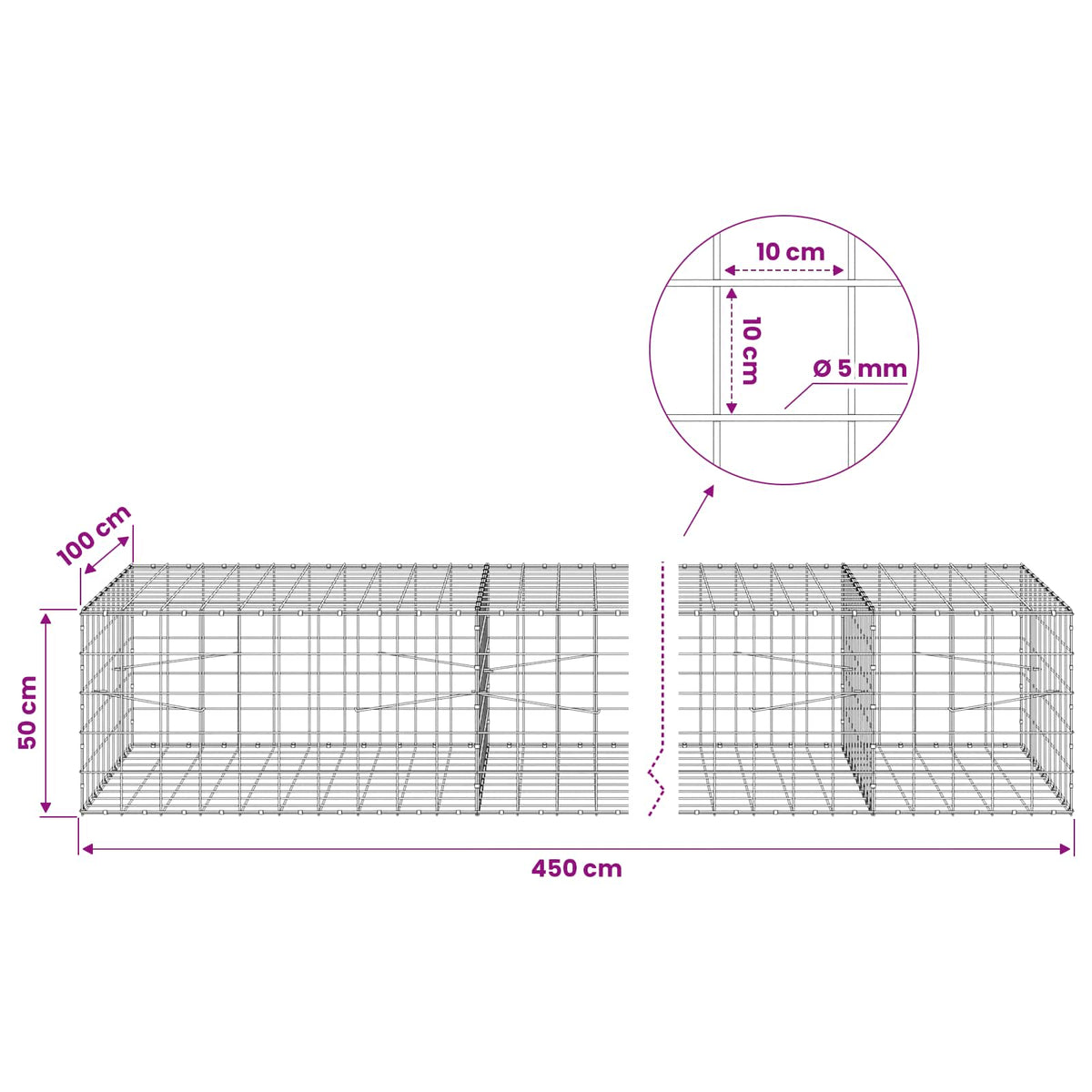 Gabion s žicom debljine 5 mm i mrežom 10x10 cm 450x100x50 cm