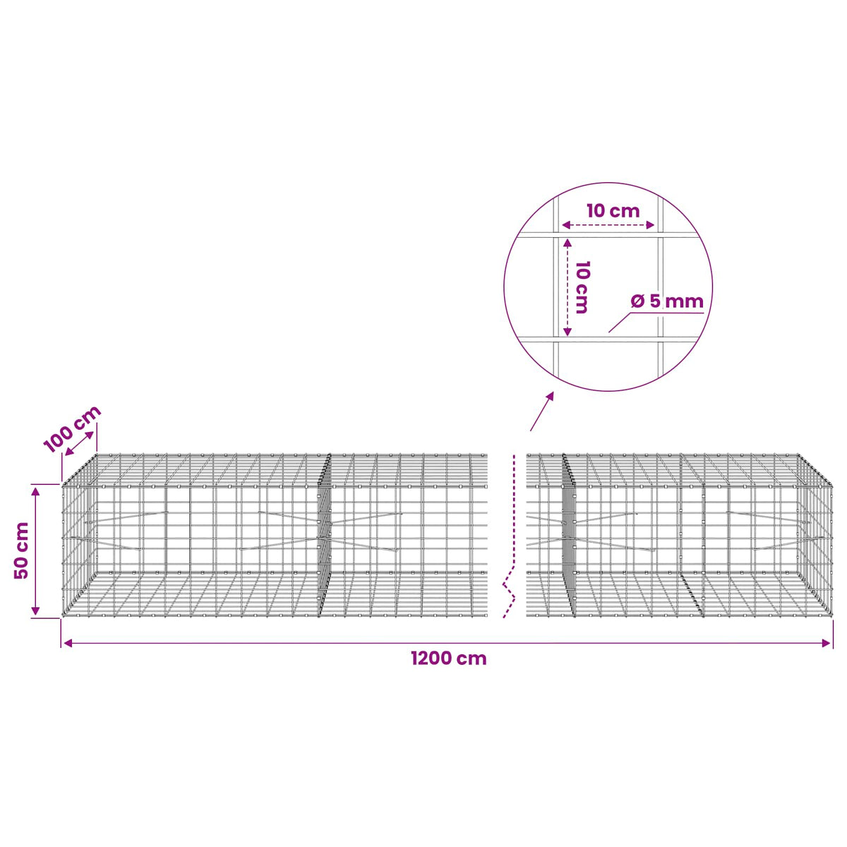 Gabion s žicom debljine 5 mm i mrežom 10x10 cm 1200x100x50 cm