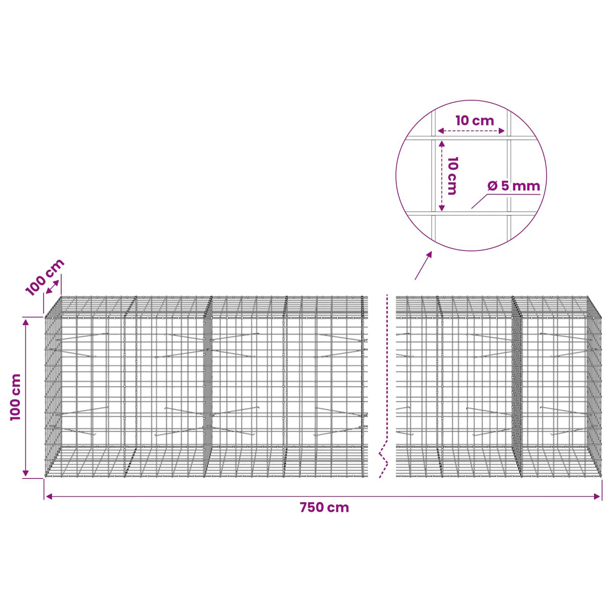 Gabion s žicom debljine 5 mm i mrežom 10x10 cm 750x100x100 cm