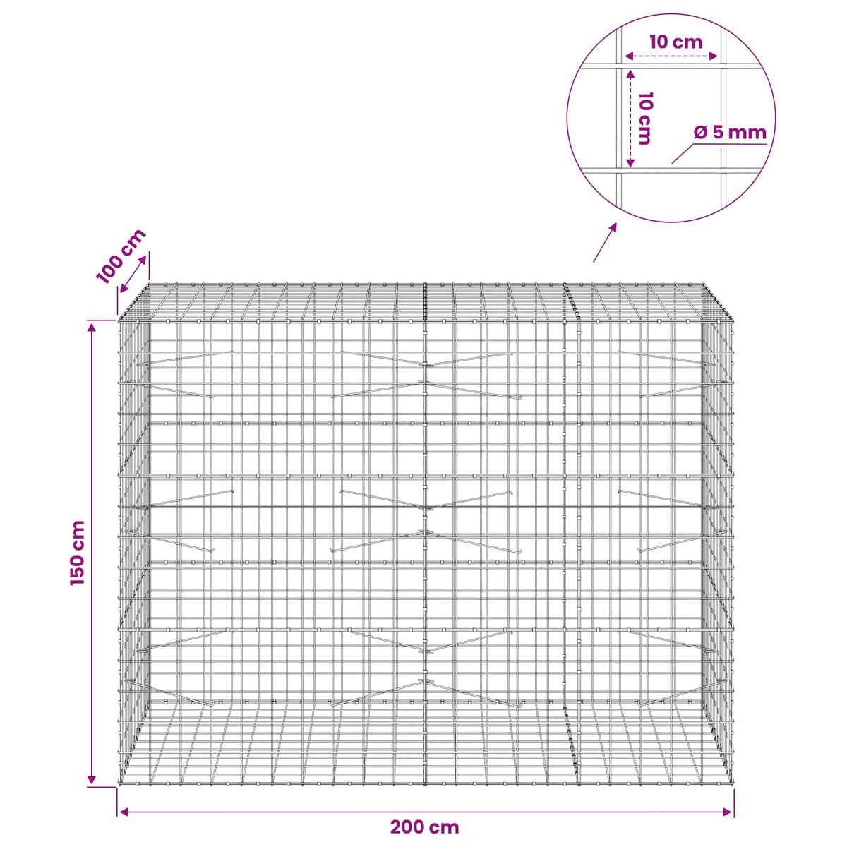 Gabion s žicom debljine 5 mm i mrežom 10x10 cm 200x100x150 cm