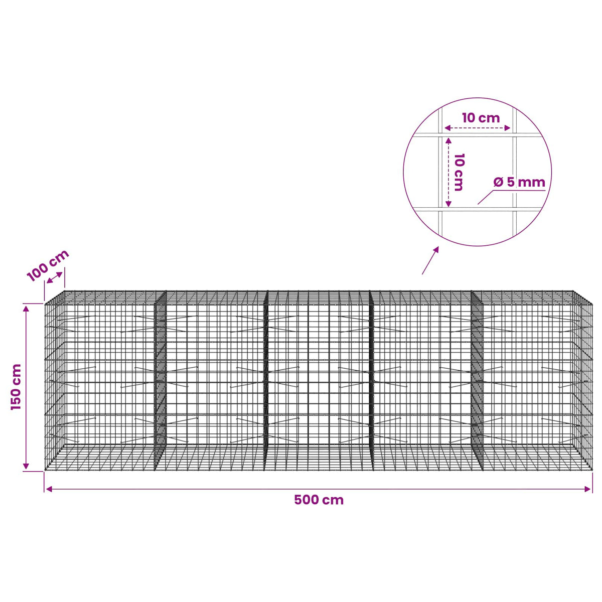 Gabion s žicom debljine 5 mm i mrežom 10x10 cm 500x100x150 cm