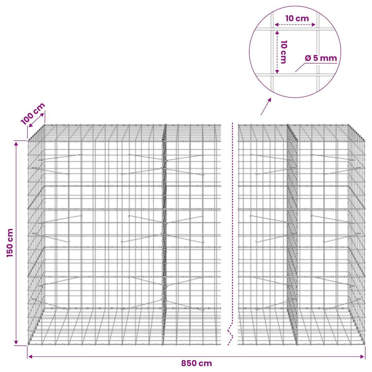 Gabion s žicom debljine 5 mm i mrežom 10x10 cm 850x100x150 cm