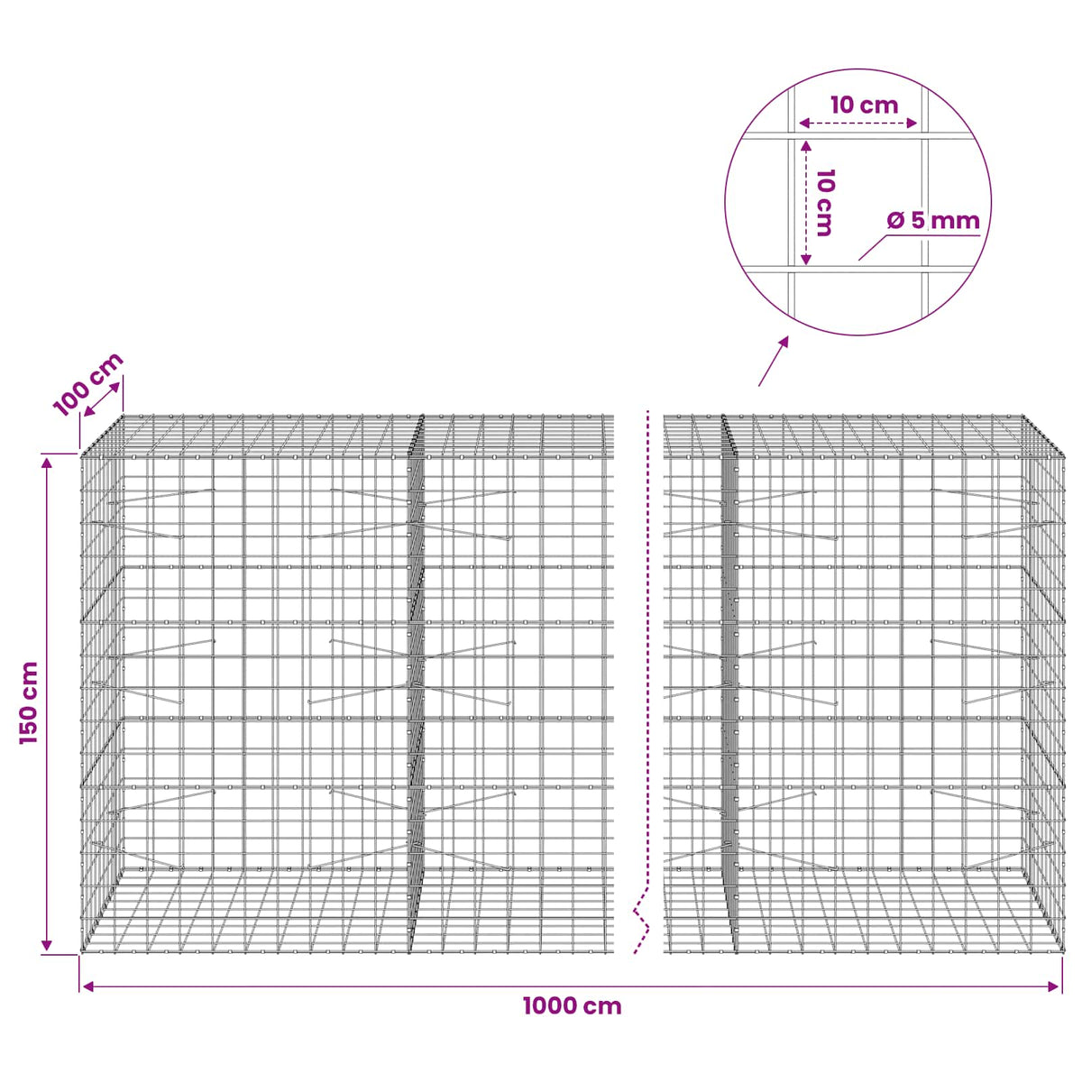 Gabion s žicom debljine 5 mm i mrežom 10x10 cm 1000x100x150 cm