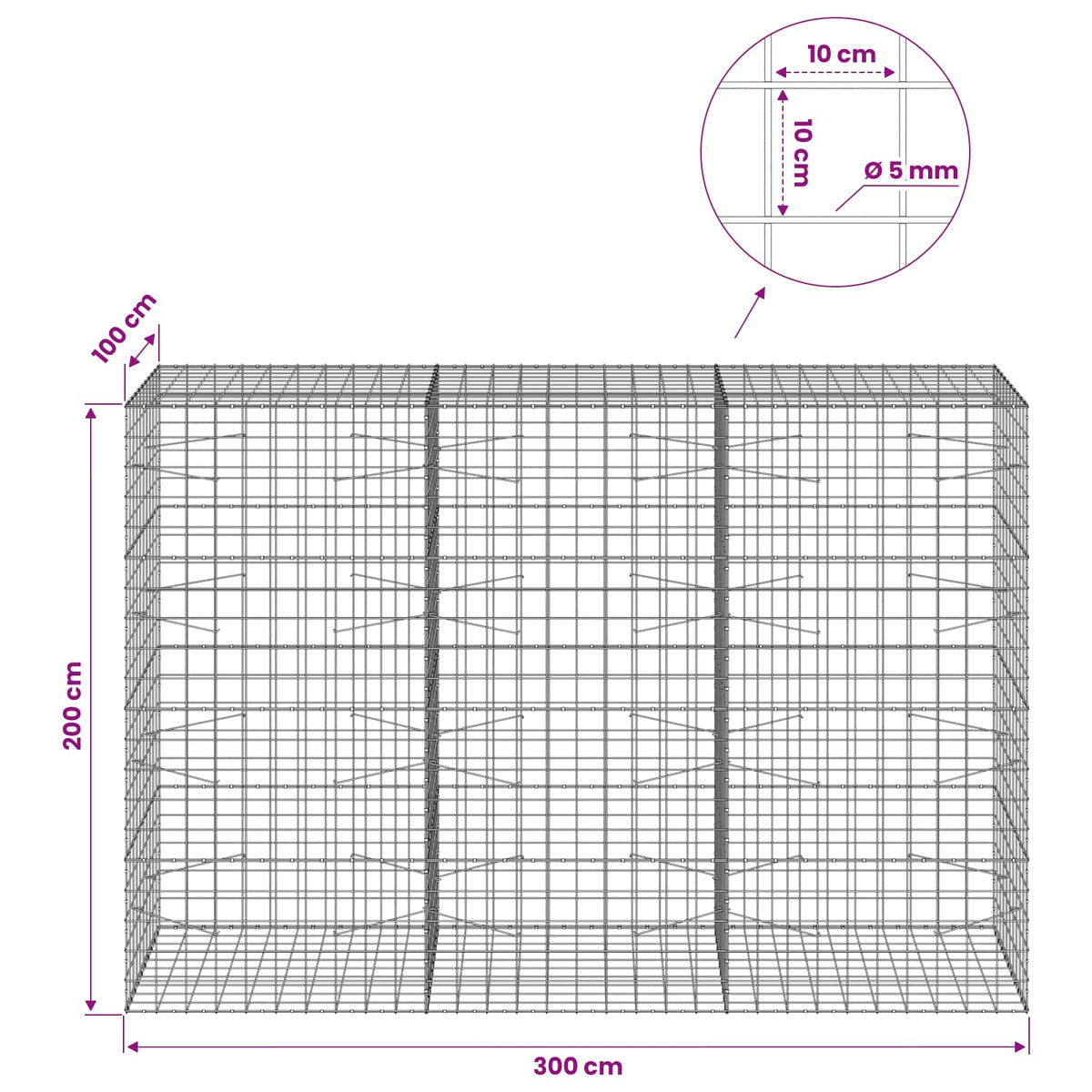 Gabion s žicom debljine 5 mm i mrežom 10x10 cm 300x100x200 cm