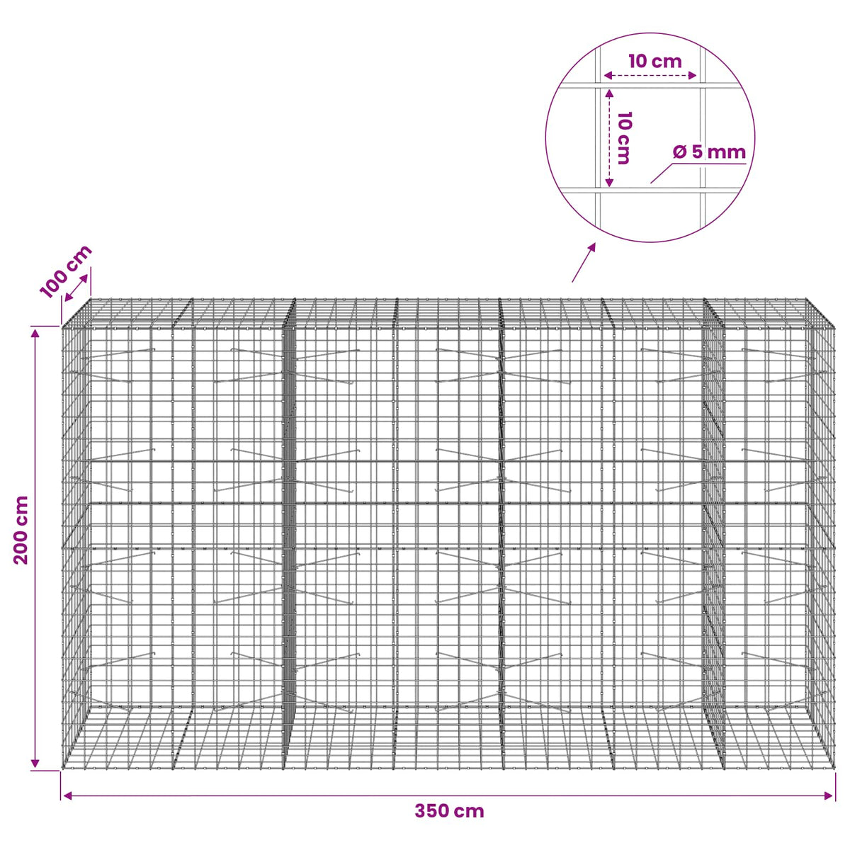 Gabion s žicom debljine 5 mm i mrežom 10x10 cm 350x100x200 cm