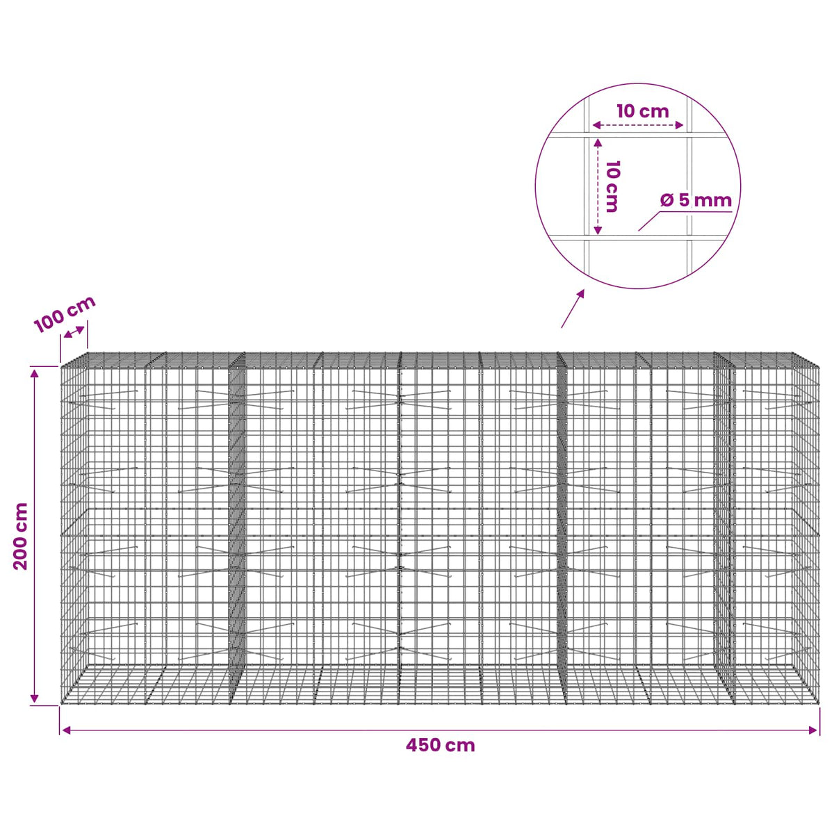 Gabion s žicom debljine 5 mm i mrežom 10x10 cm 450x100x200 cm