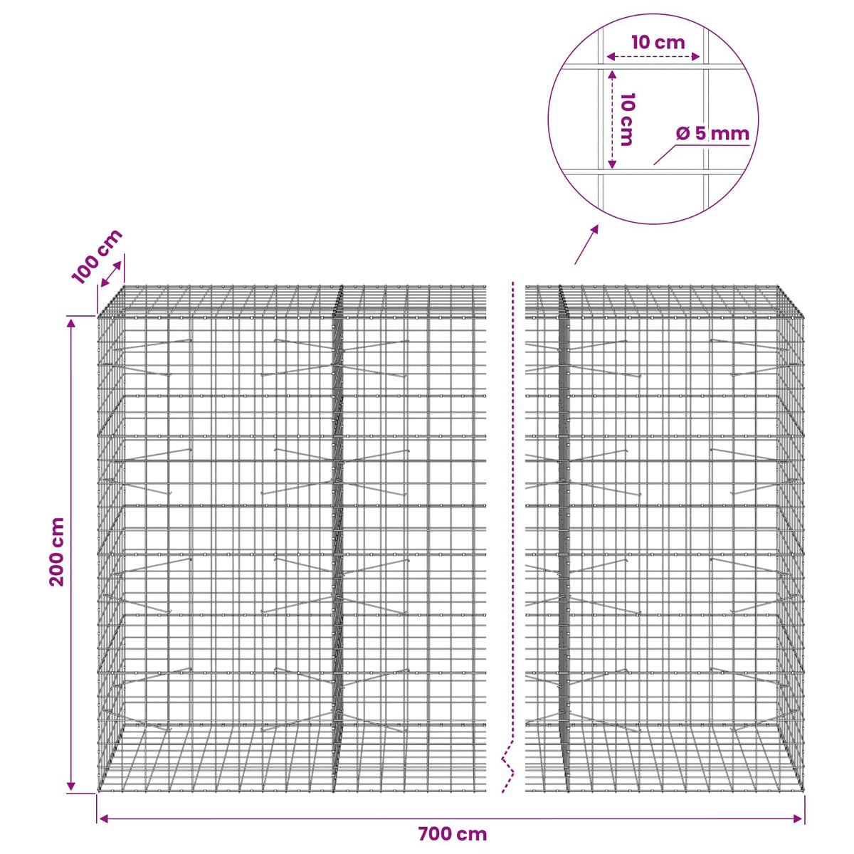 Gabion s žicom debljine 5 mm i mrežom 10x10 cm 700x100x200 cm