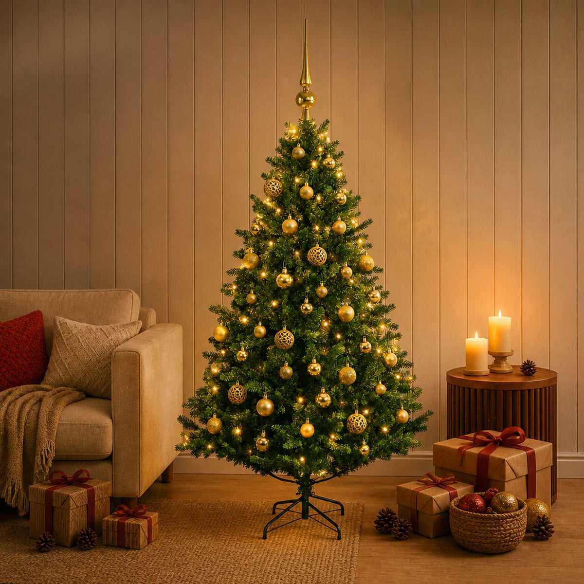 Umjetno božićno drvce s kuglicama 120 cm 150 LED lampica