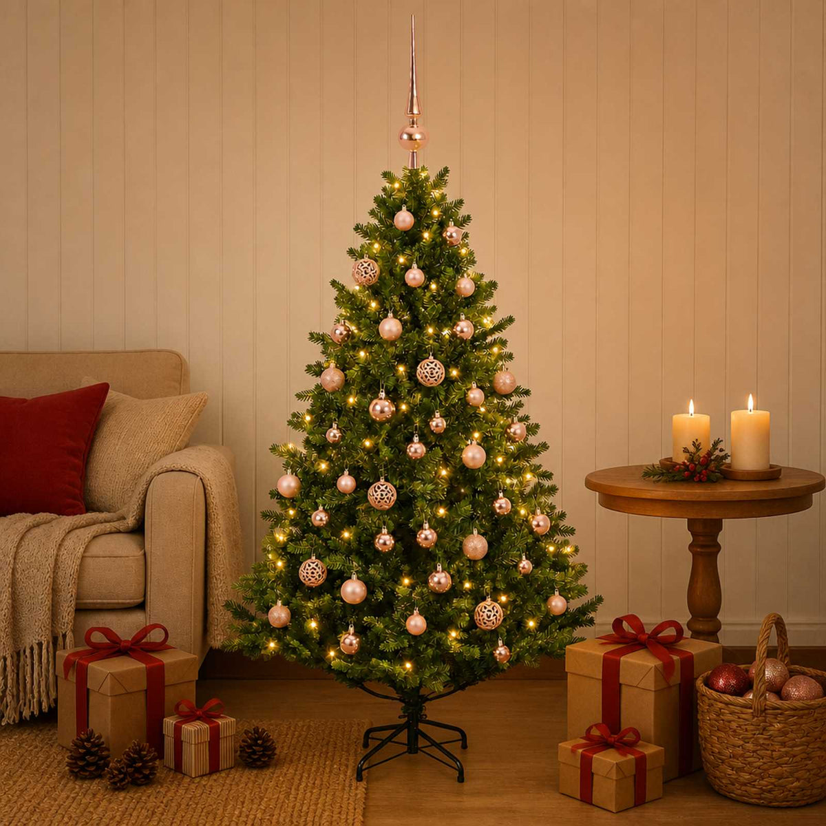 Umjetno božićno drvce s kuglicama 150 cm 150 LED lampica