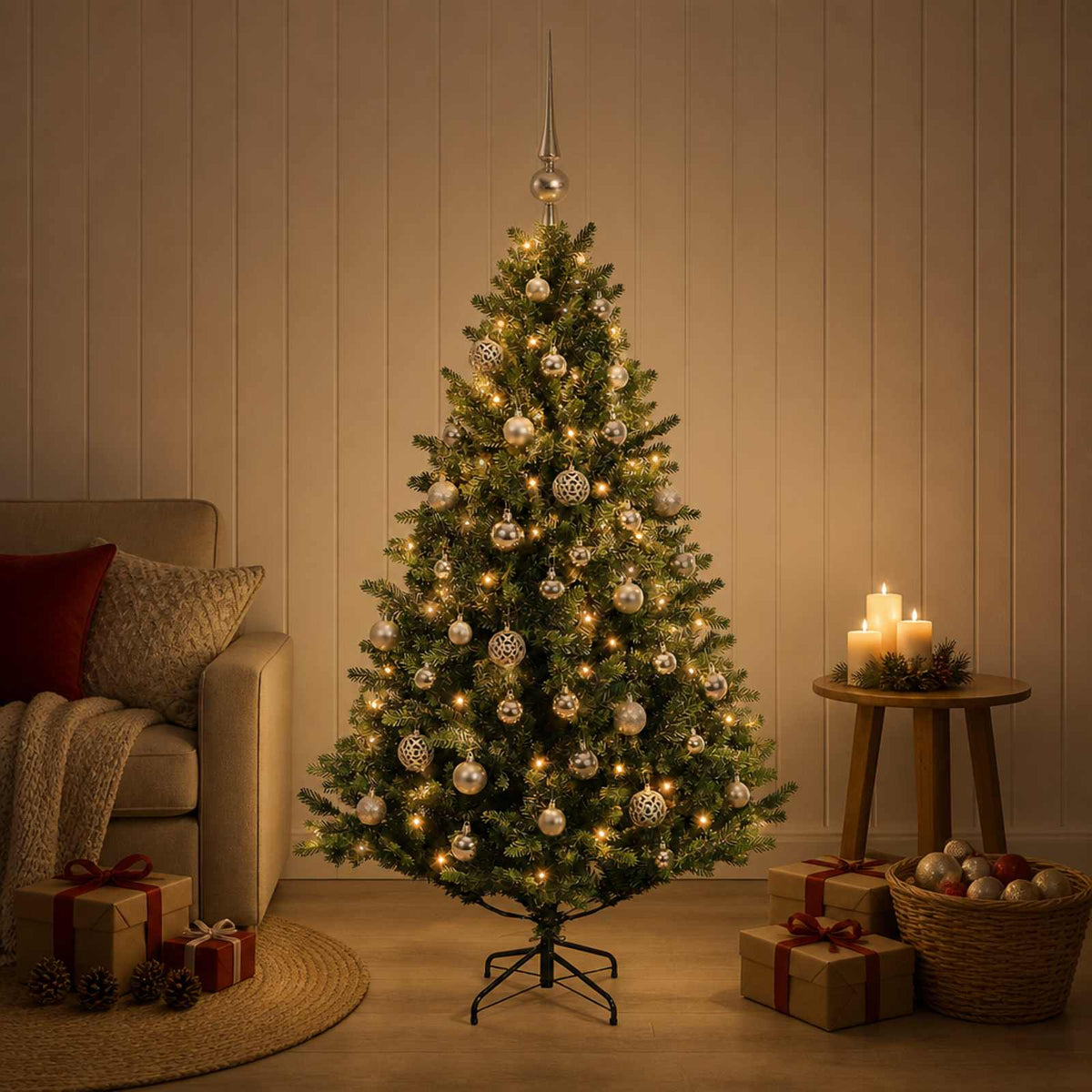 Umjetno božićno drvce s kuglicama 120 cm 150 LED lampica