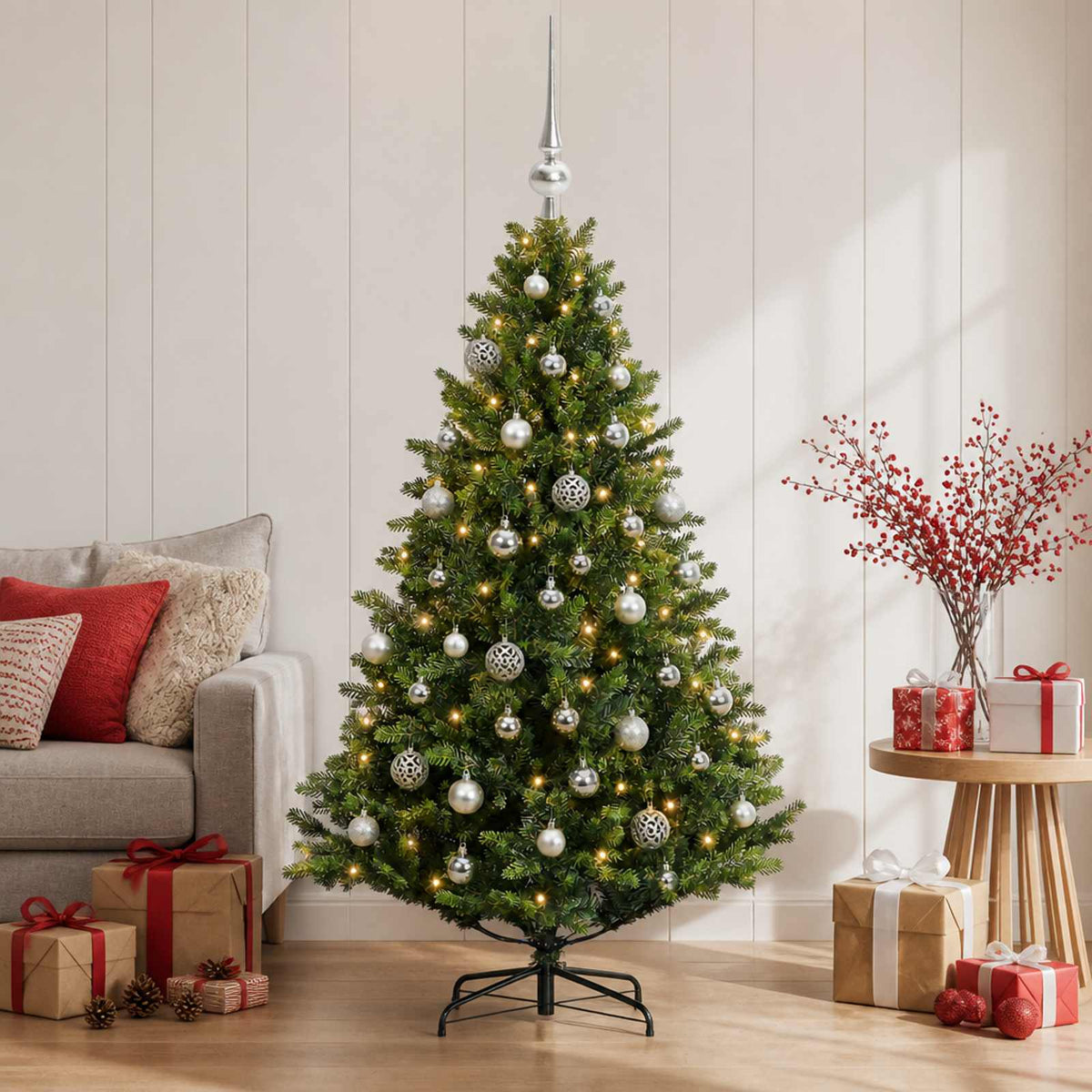 Umjetno božićno drvce s kuglicama 150 cm 150 LED lampica