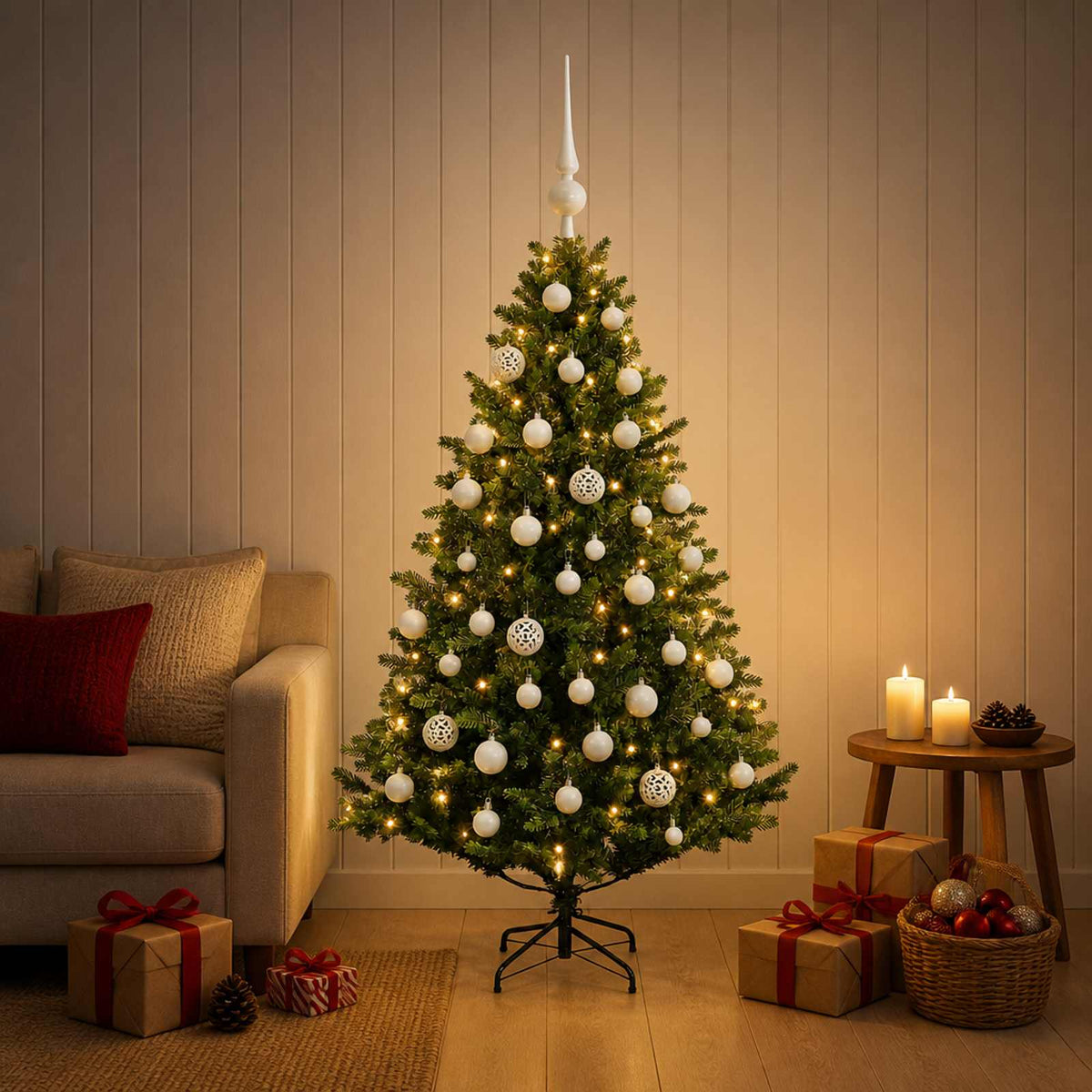 Umjetno božićno drvce s kuglicama 120 cm 150 LED lampica