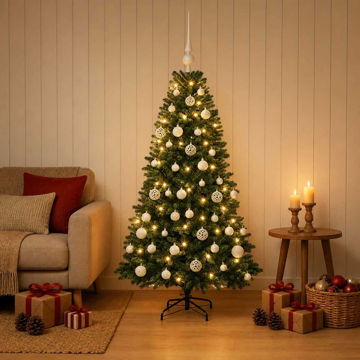 Umjetno božićno drvce s kuglicama 120 cm 150 LED lampica
