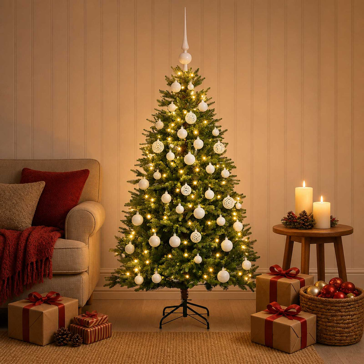 Umjetno božićno drvce s kuglicama 150 cm 150 LED lampica