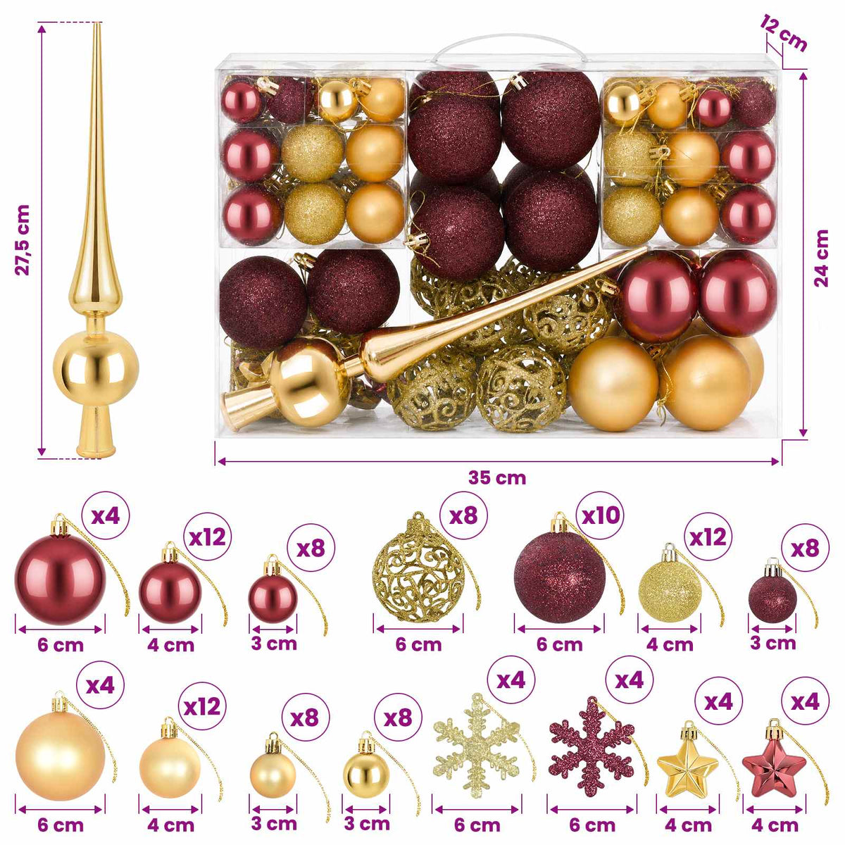 Set božićnih kuglica 111 kom. Zlatna i vinsko crvena 6 cm