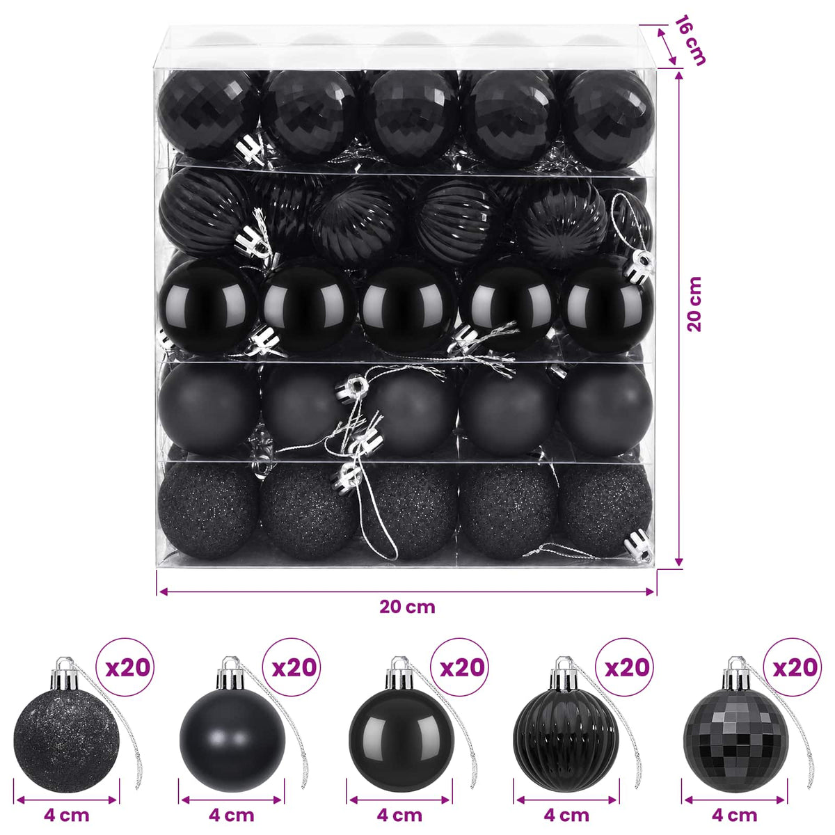 Set božićnih kuglica 100 kom. Crna 4 cm Polistiren