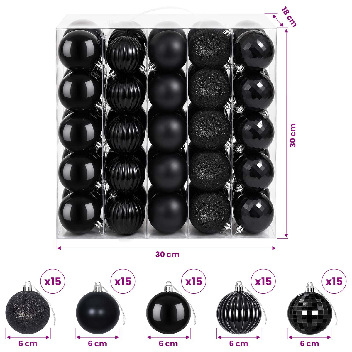 Set božićnih kuglica 75 kom. Crna 6 cm Polistiren